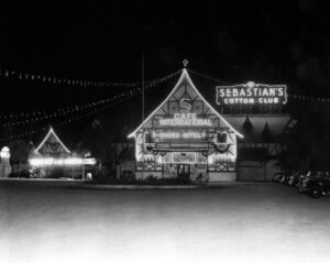 Exterior night view of Cafe International/Sebastian's Cotton Club at 6500 Washington Boulevard, in Culver City. Club features 3 shows nitely.