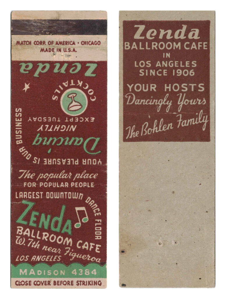 Matchbook cover from Zenda Ballroom Cafe (Los Angeles, CA)